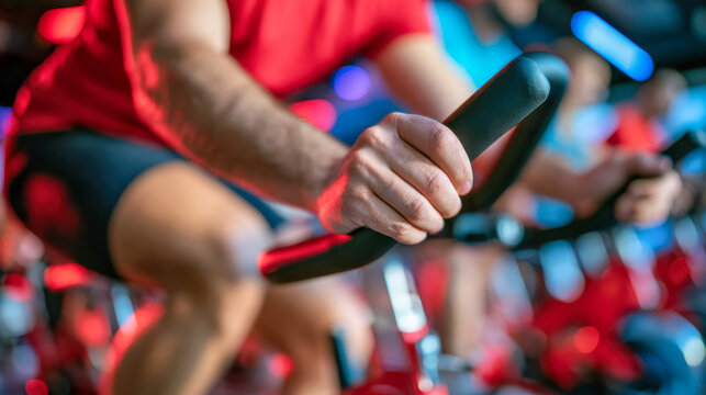 Close-up of a cyclist gripping stationary bike handlebars during an energetic indoor cycling class, representing fitness, cardio training and healthy active lifestyle