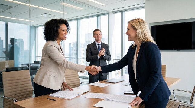 Two professional businesswomen shake hands in a modern office conference room, celebrating a successful agreement while a male colleague claps in the background.