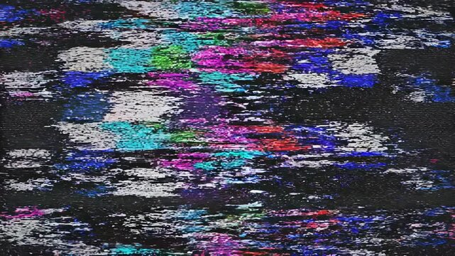 Television static test pattern with analog digital glitch effects during broadcast interruption
