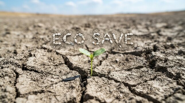 Cracked earth holds fragile green sprout. Sky above shows soft blue clouds. "Eco Save" message carved in soil. Tiny plant symbolizes hope and renewal. Ideal for environmental awareness campaigns