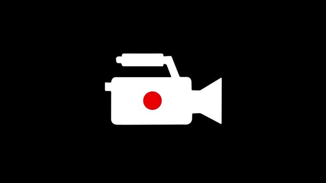 white professional video camera silhouette icon with red record dot on black background animation