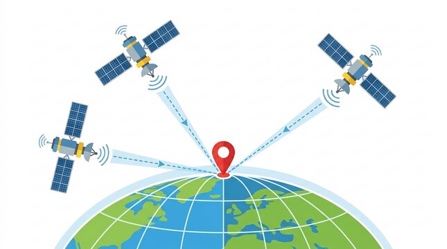 Satellite Triangulation for GPS Navigation Showing Three Orbital Satellites Sending Signals &ndash; 3D Render Illustration