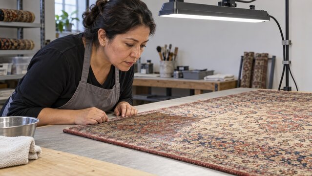 Technician pauses to inspect a damp rug test patch beside an untreated area under a fixed work lamp before deciding whether to continue the cleaning process