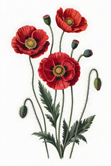 Obraz premium Botanical Illustration of Red Poppy Flowers Isolated on White Background