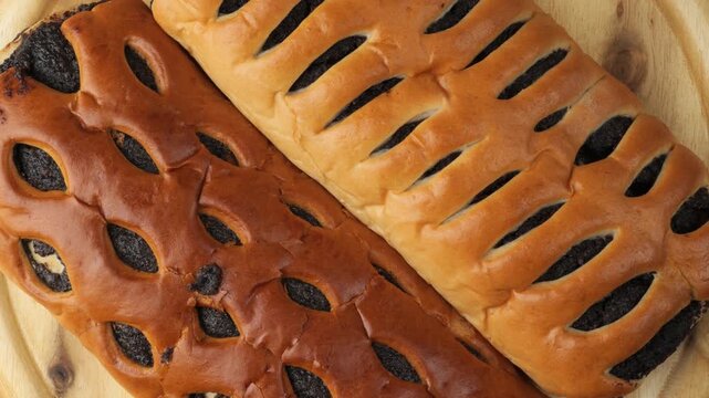 Delicious poppy seed buns rotating slowly