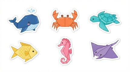 Fototapeta premium Set of Six Cute Origami Style Sea Animal Stickers on White Background