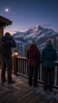 A man and two women stand on a wooden deck at night, gazing at a majestic snow-capped mountain range under a starry sky with a bright moon. The man holds a camera while a lantern lights the scene,