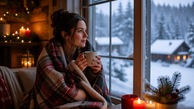 A young woman sits by a large window overlooking a snowy forest and log cabin during winter, wrapped in a plaid blanket and holding a warm white mug with both hands. She gazes peacefully outside as