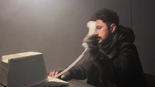 Hacker on Vintage Phone and Computer in Clandestine Setting