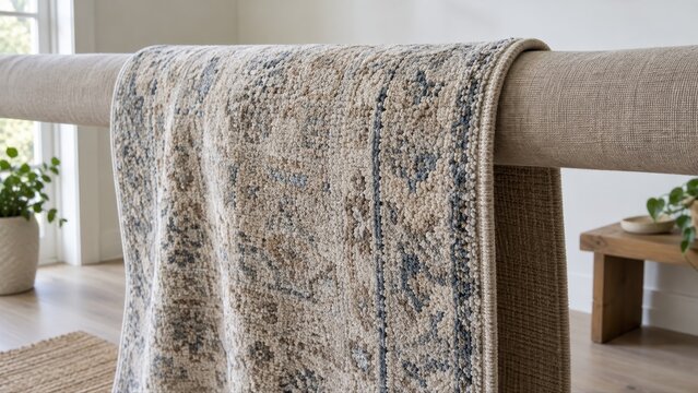 Loose rug bends smoothly over a broad rounded padded rail with its bound edge and hanging layers visible during a supported drying stage in a cleaning service room