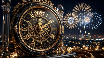 Fototapeta premium Elegant vintage clock showing the year 2027 with beautiful colorful fireworks display over a city skyline at night for new year celebration