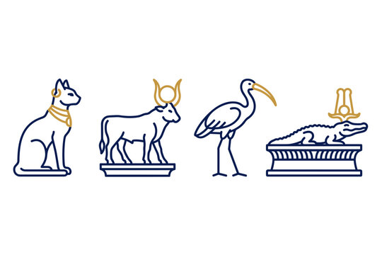 Four historic zoomorphic figurines representing deities on plain white backdrop   