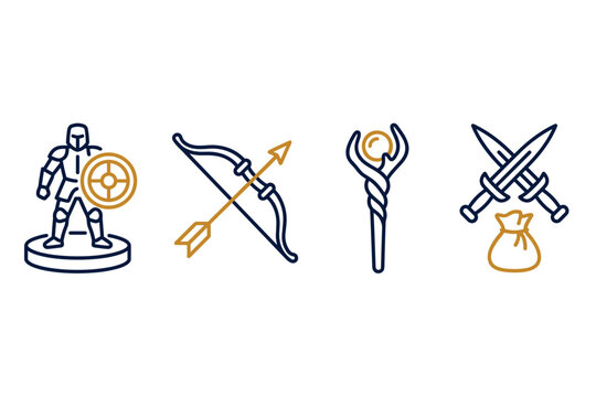 Tabletop roleplaying game combat classes and weaponry linear icons in horizontal arrangement   