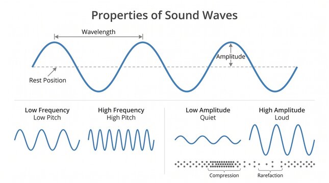 Sound wave diagram with wavelength amplitude and frequency labelled