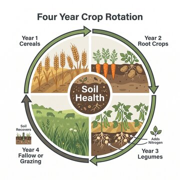 Crop rotation cycle diagram with four field stages labelled