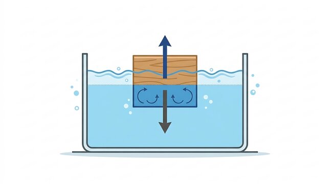 Buoyancy and Displacement Principles in a Liquid Container &ndash; Physics Diagram Illustration