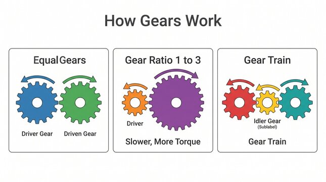 Gear systems diagram showing rotation direction and gear ratios