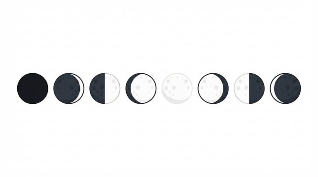 Moon Phases: Lunar Cycle from New Moon to Full Moon on White Background &ndash; Astronomy Diagram Illustration