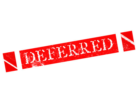 A tilted rectangular red and white stamp with the word deferred in a distressed white font on a solid black background, for labels isolated on a transparent background