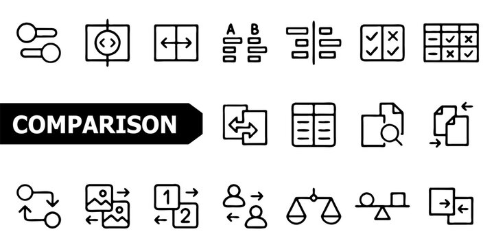 Comparison Icon Set. Side-By-Side Compare, Slider, A B Test and File Merge. Vector Illustration.