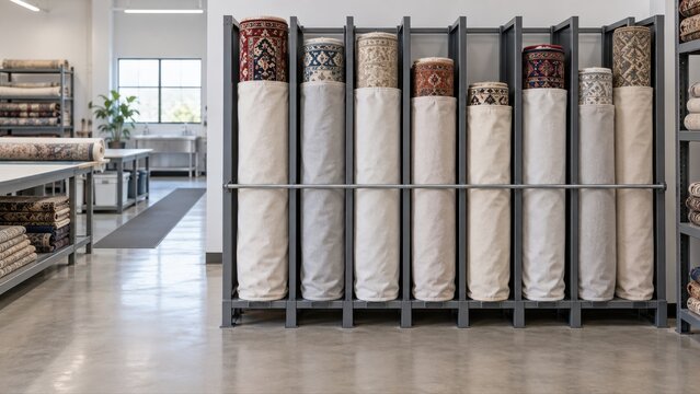 Dry rug rolls in plain protective sleeves stand in divided dispatch rack slots above the floor with their textile ends visible while awaiting return from a cleaning service workshop