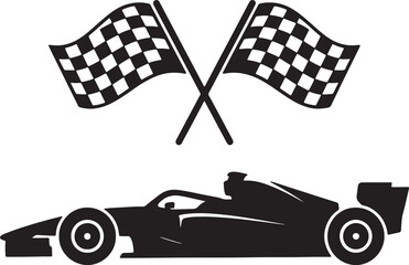 Fototapeta premium Black and white of a formula one racing car in profile view beneath two crossed checkered flags also transparent background