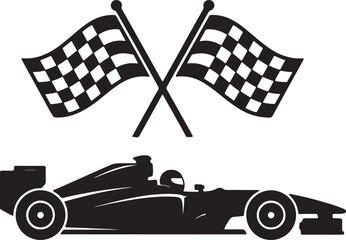 Fototapeta premium Black and white of two crossed checkered racing flags above a sleek formula race car silhouette also transparent background