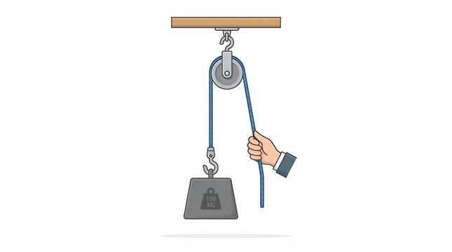 Mechanical Pulley System Lifting a Heavy Weight, Symbolizing Efficiency and Physical Leverage &ndash; Physics Illustration