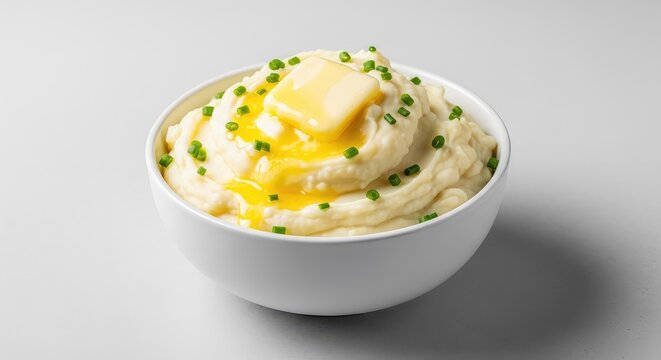 Fluffy and creamy mashed potatoes served in a white ceramic bowl, topped with a melting pat of butter and fresh chopped green chives, potatoes, rustic, texture