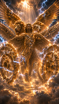 Biblical Multi-Headed Creature with Fiery Wheels and Wings &mdash; Biblical Illustration