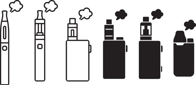 Vector icons of electronic cigarettes, vaporizers, and vape mods for smoking cessation and modern alternative nicotine habits