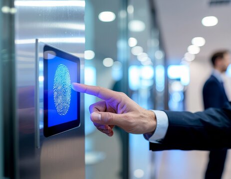 Businessman touching biometric fingerprint scanner on glass door for high security access control