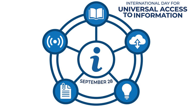 Information access icon with connected symbols on a white background