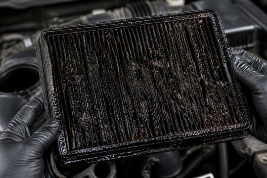 Car cabin air filter heavily clogged during engine bay inspection