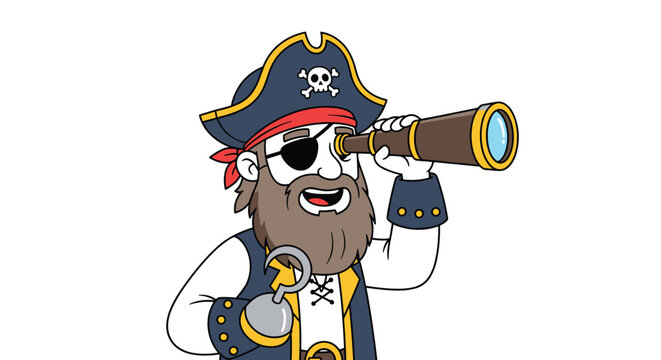 Brave cartoon pirate captain with a beard and a hook hand looks through his brass telescope for land during a sea voyage.