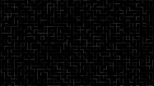Seamless loop motion background featuring complex white square geometric wireframe patterns and dynamic negative space shifts on dark tech grid
