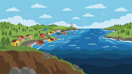 Obraz premium Flat Design: Coastal Village Experiencing Sea Level Rise with Colorful Houses Partially Submerged – Environmental Science Illustration