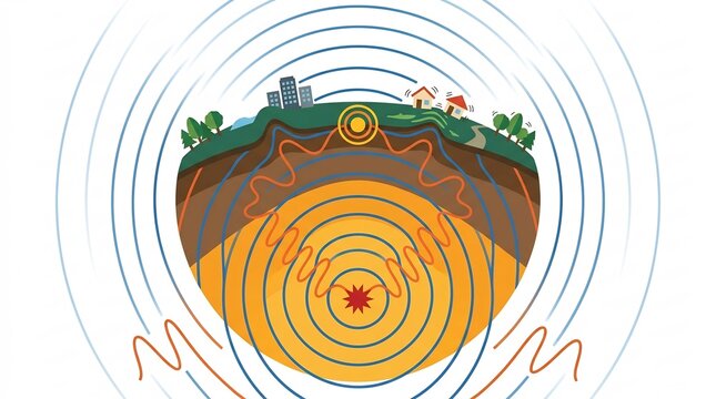 Seismic Waves: Earthquake Energy Radiating from Epicenter Through Earth Layers &ndash; Scientific Diagram Illustration