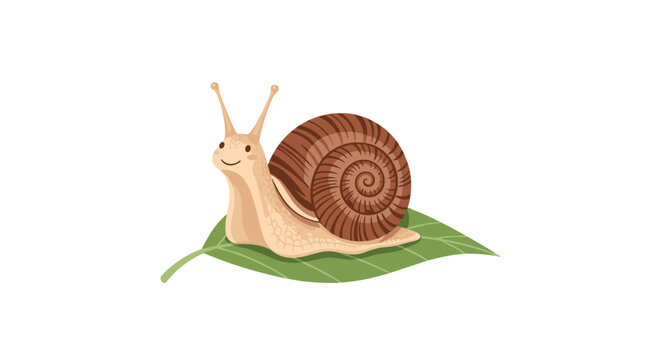 Small garden snail with a brown spiral shell crawls slowly across a green leaf showing realistic textures and details in a natural setting.