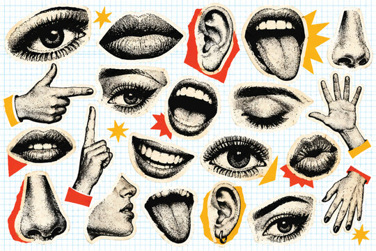 Retro Halftone Body Parts Collage Set, Y2K Vintage Paper CutoutsLips, Eyes, Noses and Hands with Torn Paper Newspaper Texture