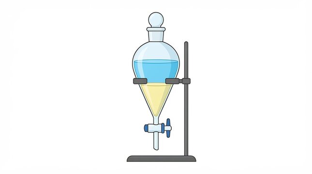 Laboratory Separatory Funnel Containing Two Immiscible Liquid Layers in Glass Equipment &ndash; Chemistry Illustration