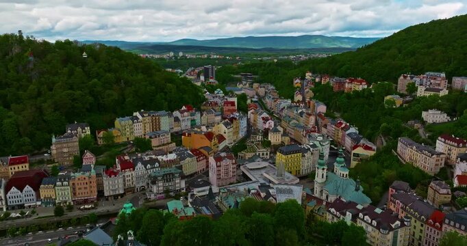Aerial view of a beautiful forest city featuring incredibly fairytale, like architecture and thermal springs with healing water, Karlovy Vary, Czech Republic