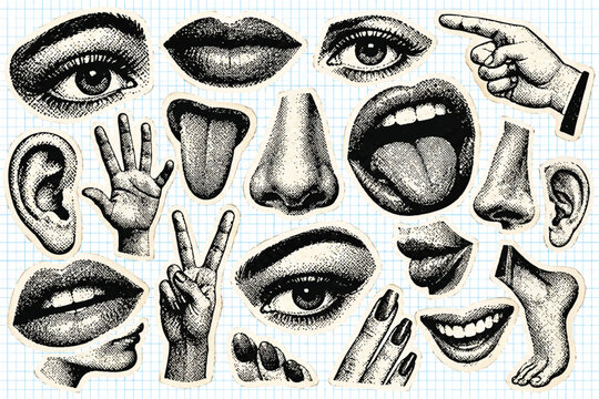 Retro Halftone Body Parts Collage Set, Y2K Vintage Paper CutoutsLips, Eyes, Noses and Hands with Torn Paper Newspaper Texture