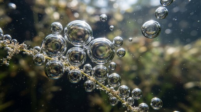 Air bubbles clustering on submerged plant underwater scene
