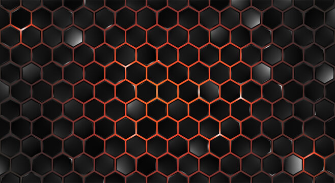 Black red hexagonal technology background. Glowing energy
