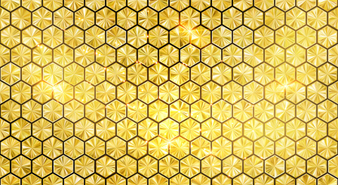 Gold hexagon background. Sequin Faceted metallic honeycomb