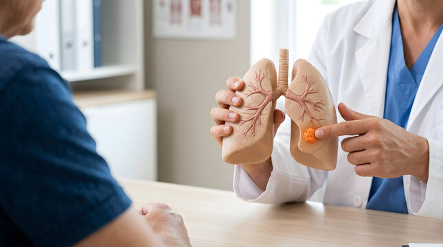 Doctor explaining lung cancer diagnosis to a patient. Physician pointing at a nodule on an anatomical lung model during a medical consultation in a clinic