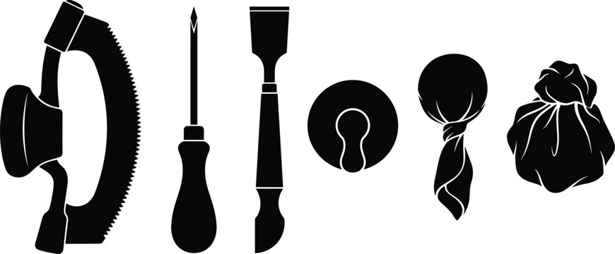 Black silhouette of bookbinding tools including a pressing tool, awl, chisel, pressing plate, thread, and a bundle of
