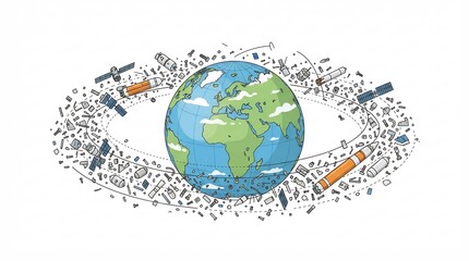 Fototapeta premium Earth Surrounded by a Dense Ring of Orbital Space Debris Including Broken Satellites – Space Science Illustration