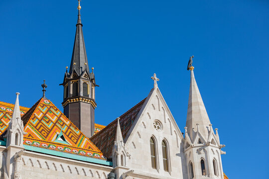 Colorful Tiled Roof and Gothic Spires of Matthias Church in Budapest